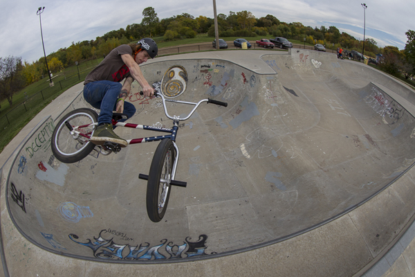 Glenn Salyers tobogans out of the bowl in Charlotte, Michigan.